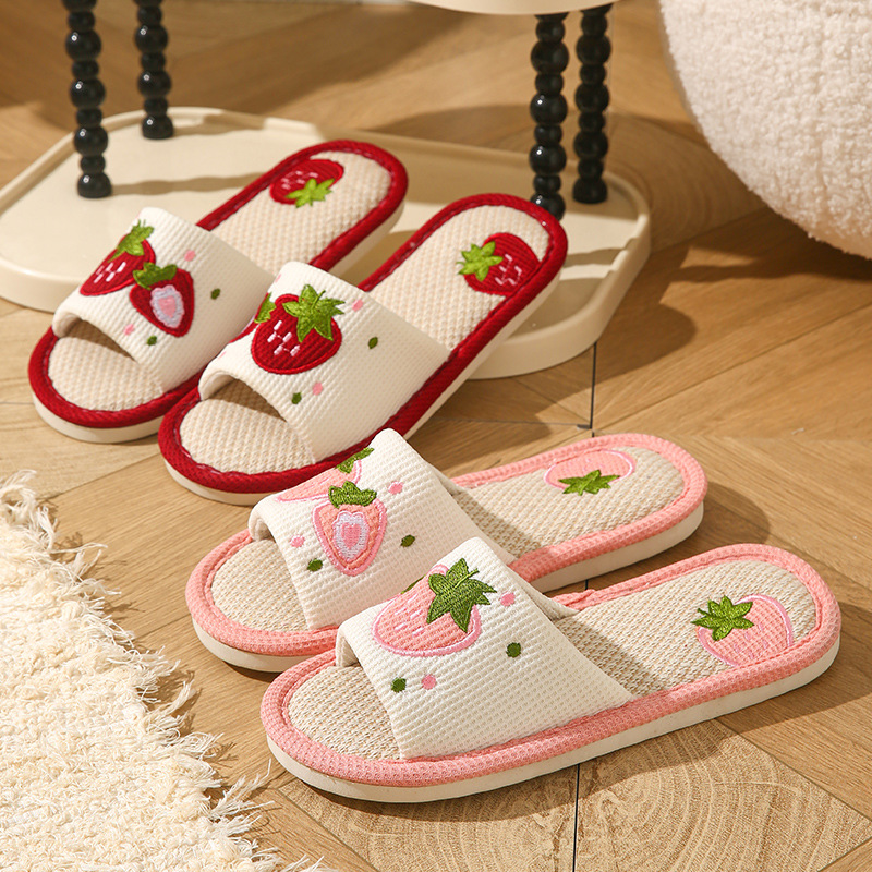 Home Textile - Aardbeienkleurige linnen pantoffels voor dames, open